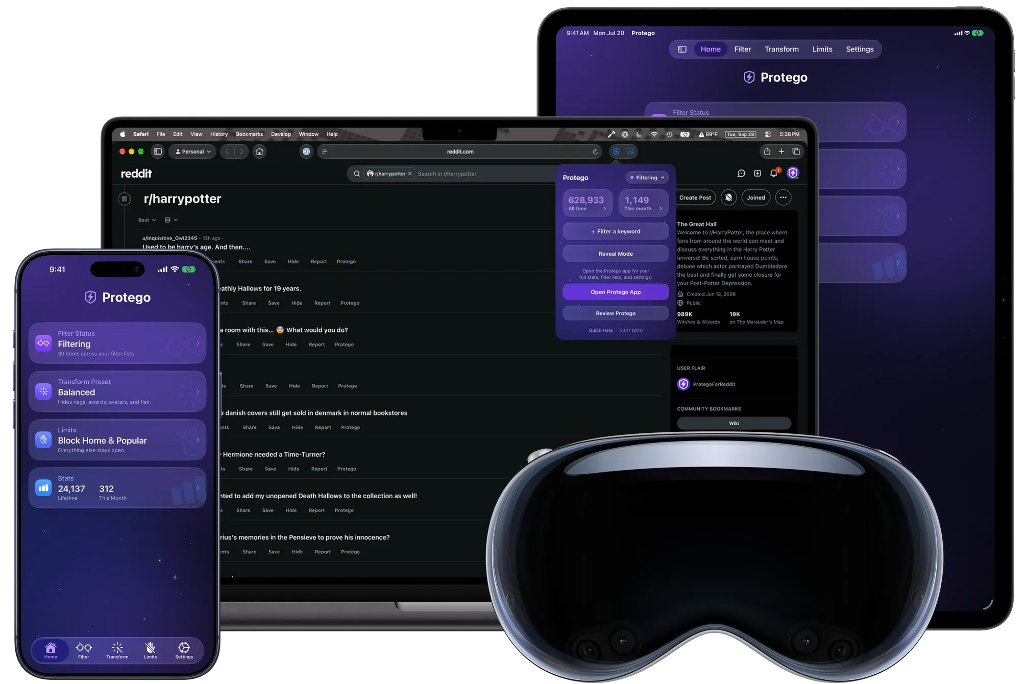 Protego running on iPhone, iPad, and Mac, alongside Apple Vision Pro