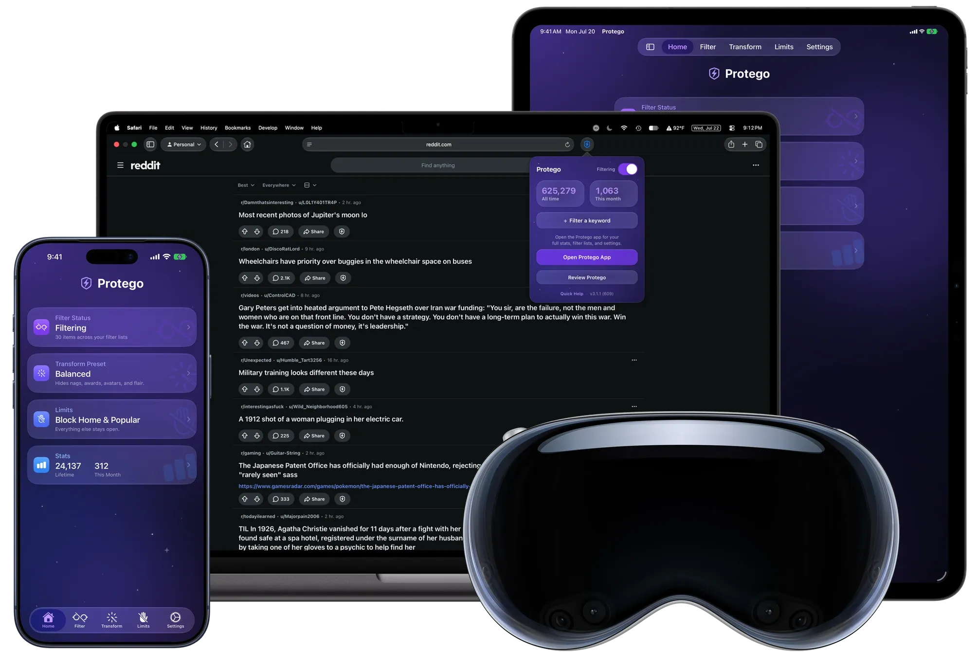 Protego running on iPhone, iPad, and Mac, alongside Apple Vision Pro