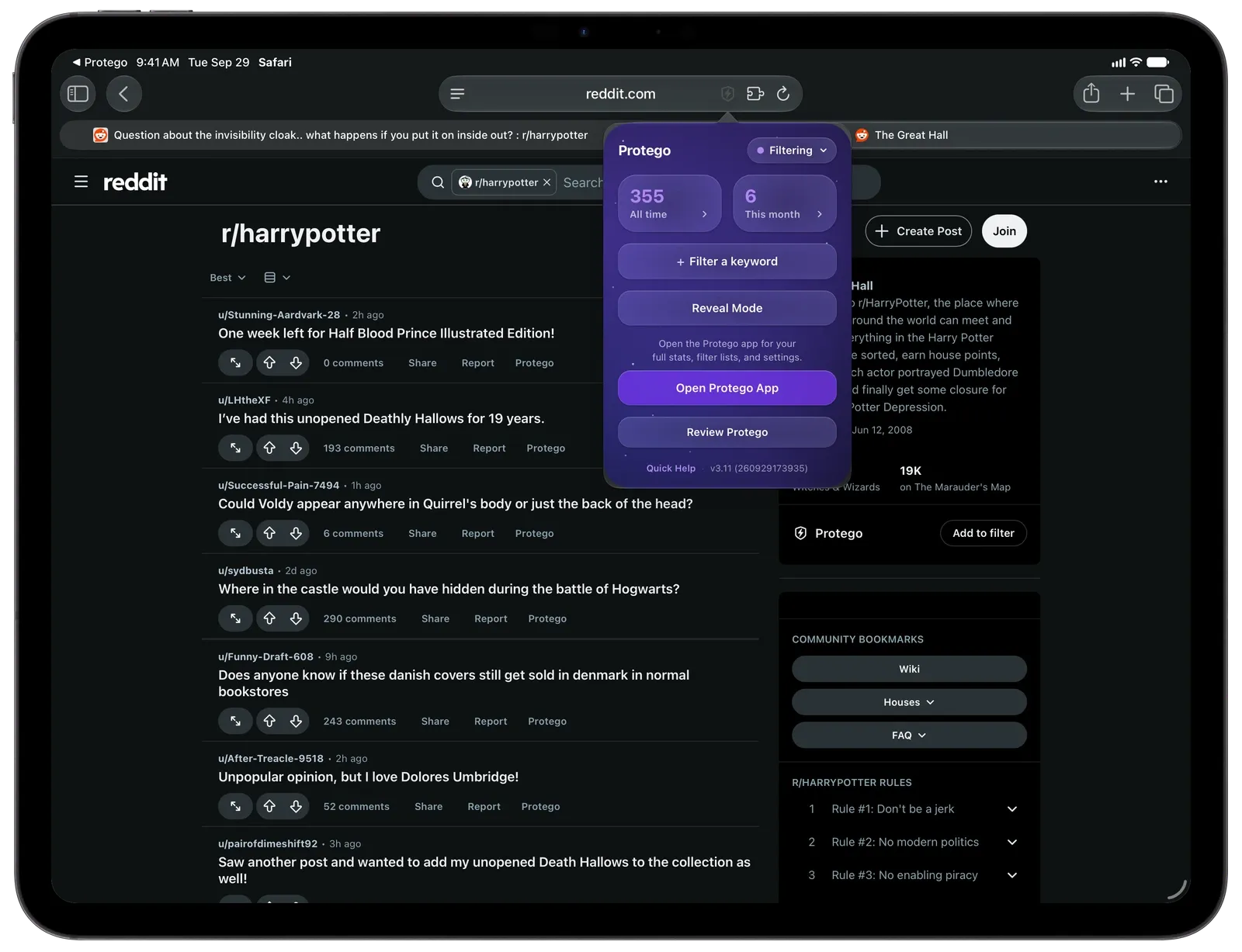 The Protego extension in Safari open over r/harrypotter on an iPad, with the Filtering menu, filter counts, and buttons to filter a keyword and turn on Reveal Mode