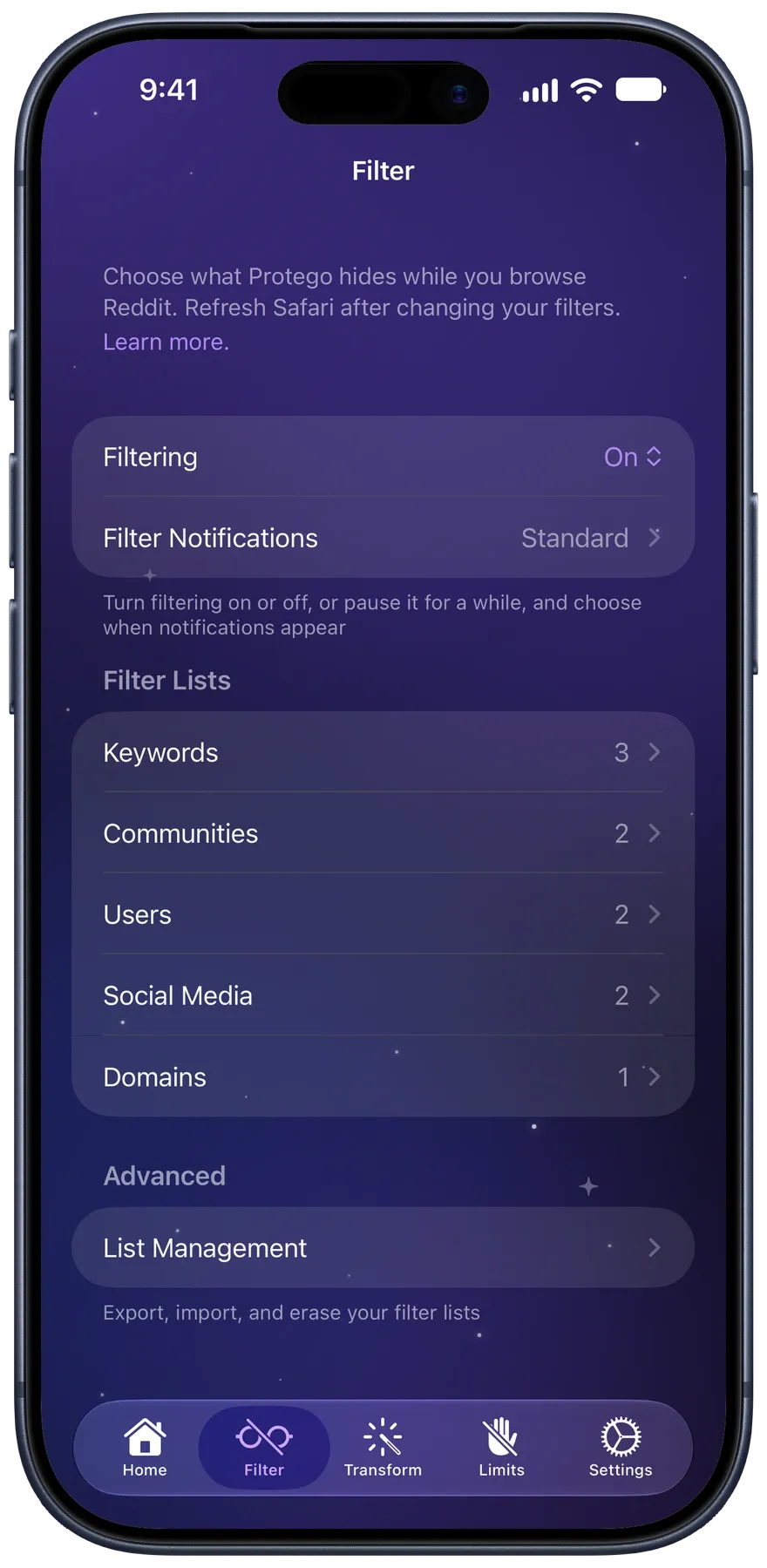 The Filter screen listing keyword, community, user, social media, and domain filter lists