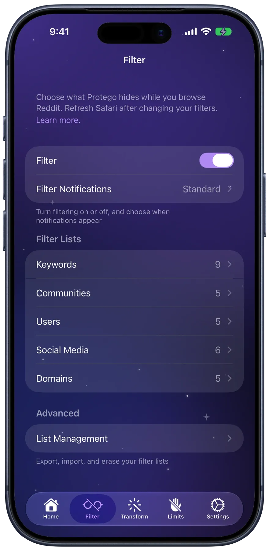 The Filter screen listing keyword, community, user, social media, and domain filter lists