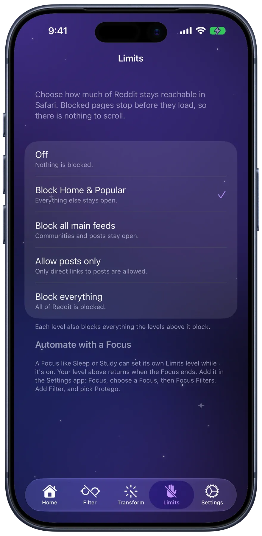The Limits screen with Block Home and Popular selected