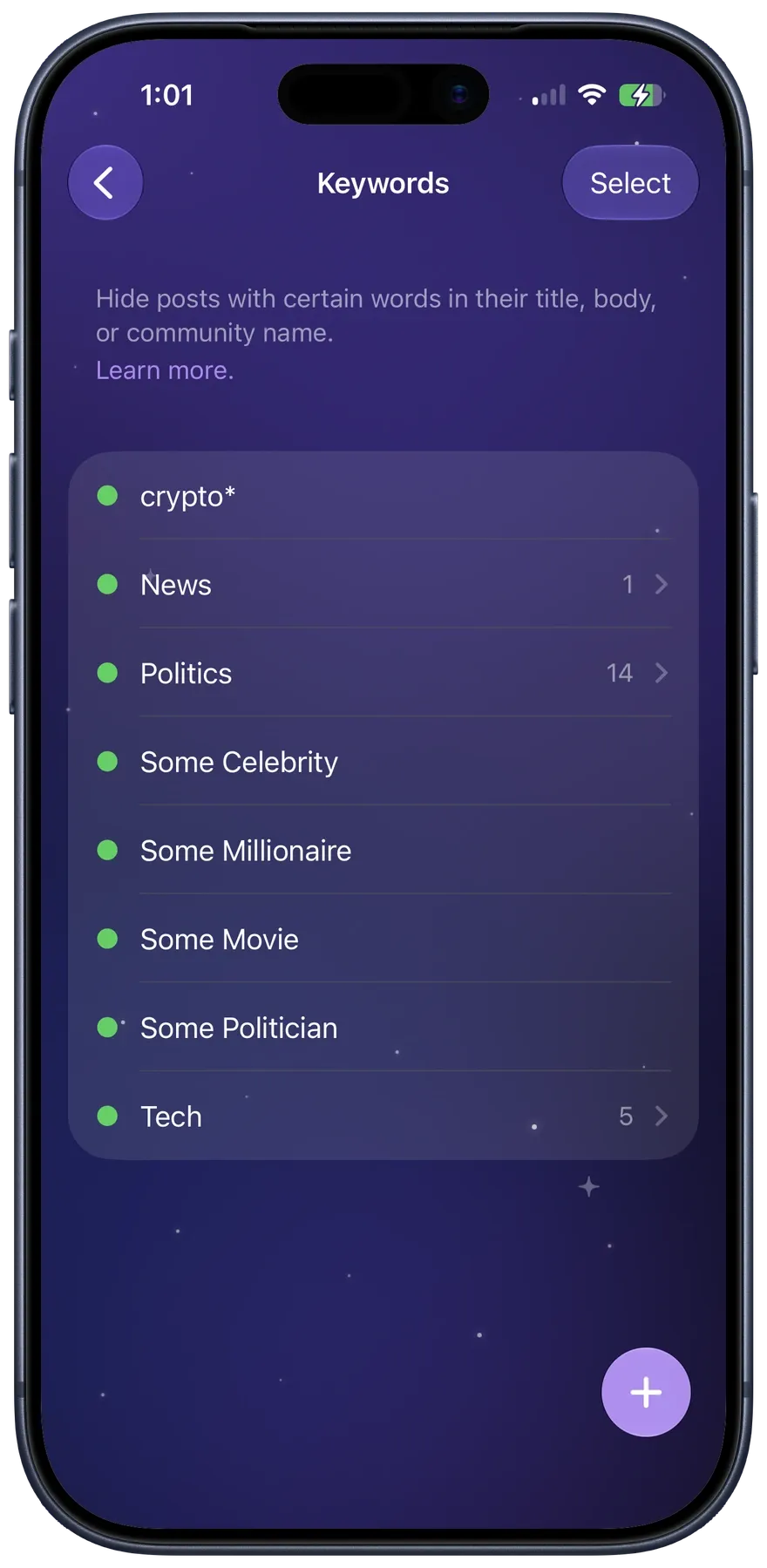 The Keywords list with a wildcard crypto pattern and keyword groups named News, Politics, and Tech