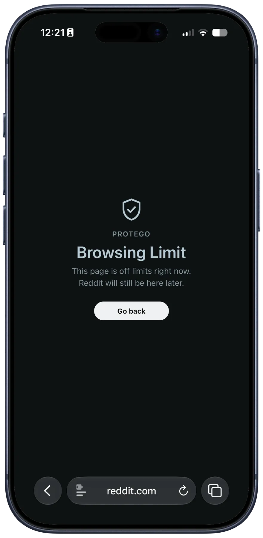 Protego’s Browsing Limit page in Safari: this page is off limits right now, with a Go back button