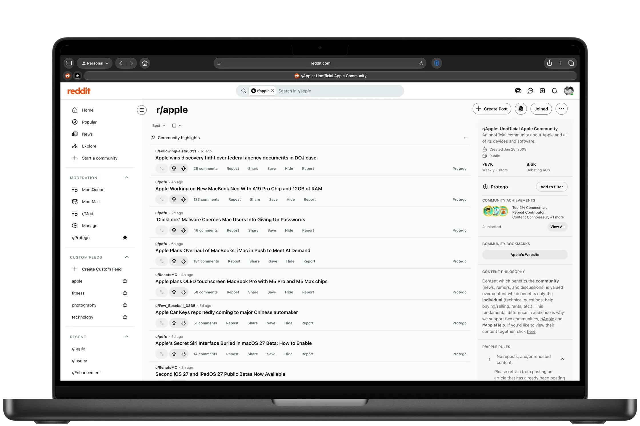The same community with Transform on: a calm text-first feed, each post with a Protego control