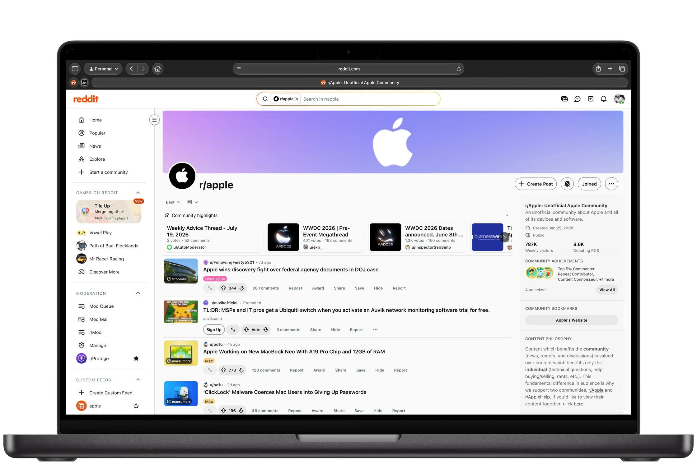 A Reddit community in Safari on a Mac with Protego off: banner, highlights carousel, thumbnails, badges, and a promoted post