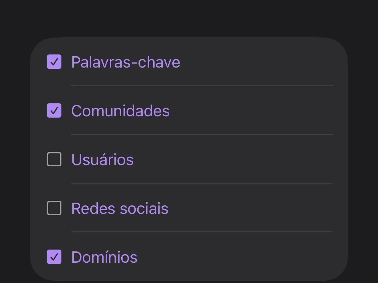 As opções de exportação do Protego com Palavras-chave, Comunidades e Domínios selecionados.