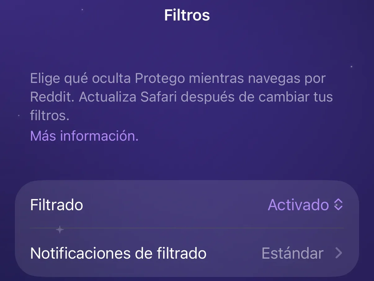 El menú Filtrado en la parte superior de la pestaña Filtros de Protego, con Activado seleccionado.