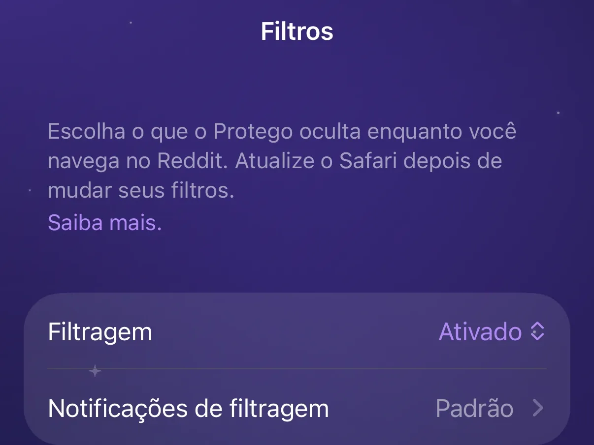 O menu Filtragem no topo da aba Filtros do Protego, definido como Ativado.