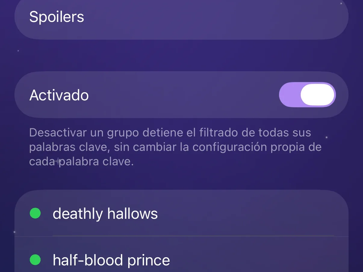 El grupo de palabras clave Spoilers en Protego, con su propio interruptor Activado.