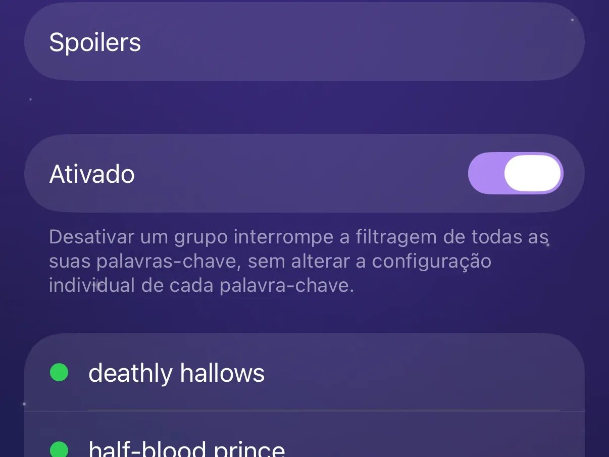 O grupo de palavras-chave Spoilers no Protego, com a própria chave Ativado.