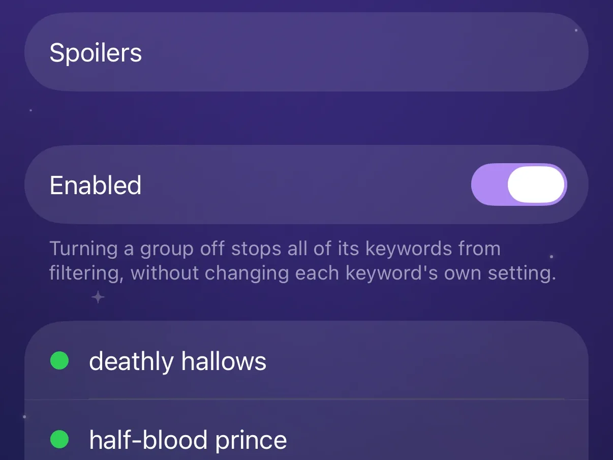 The Spoilers keyword group in Protego, with its own Enabled switch.