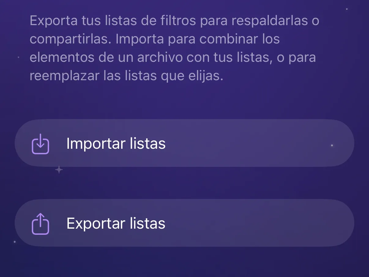 La pantalla Gestión de listas de Protego con Importar listas y Exportar listas.