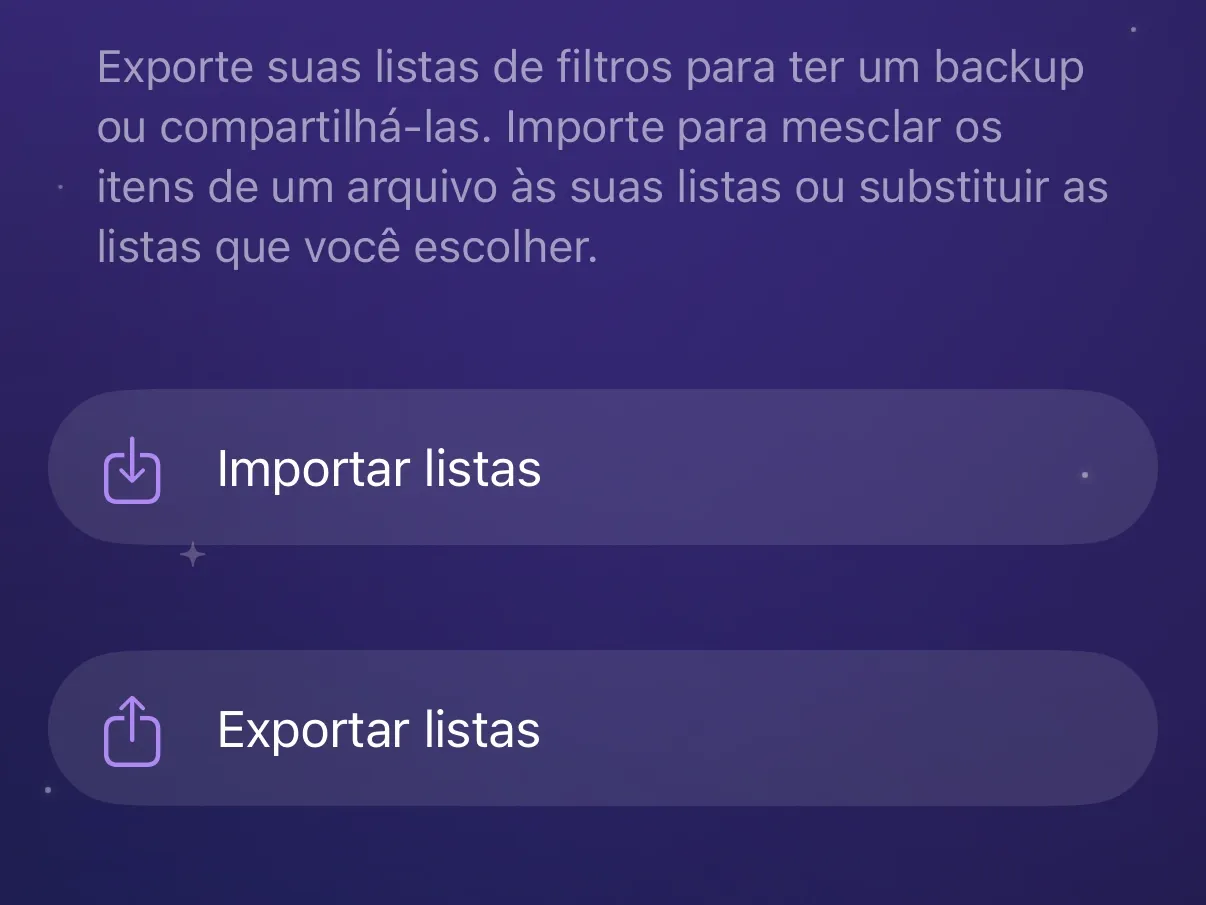 A tela Gerenciamento de listas do Protego com Importar listas e Exportar listas.