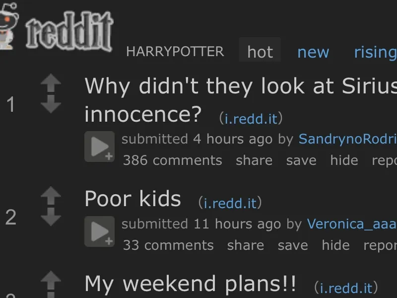 A página de r/harrypotter no Reddit antigo, no tema escuro e sem os estilos próprios da comunidade.