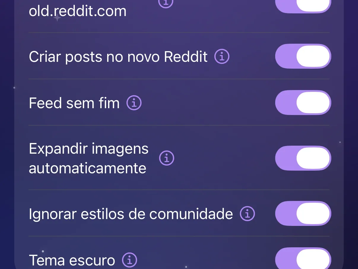 Os ajustes de Old Reddit no Protego com as seis chaves ativadas, entre elas Tema escuro e Ignorar estilos de comunidade.