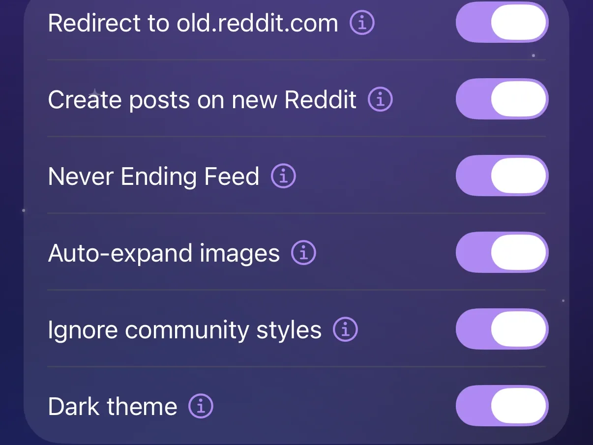 Protego’s Old Reddit settings with all six switches turned on, including Dark theme and Ignore community styles.