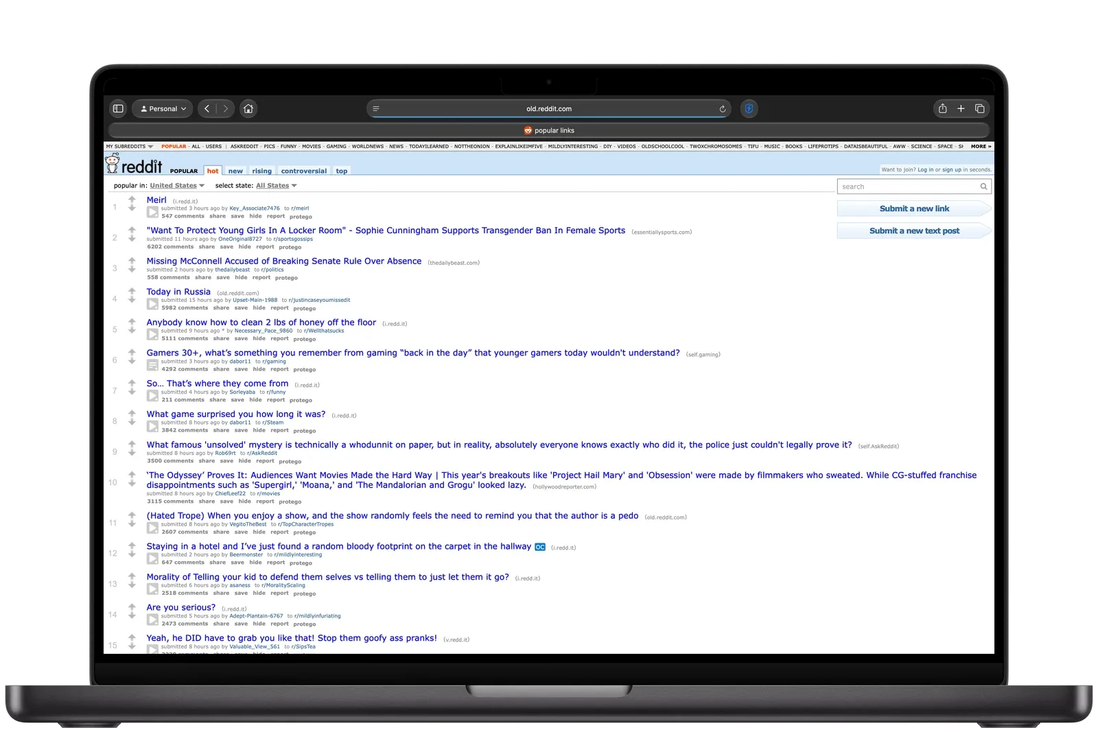 old Reddit’s popular feed in Safari on a Mac, with a Protego link under every post