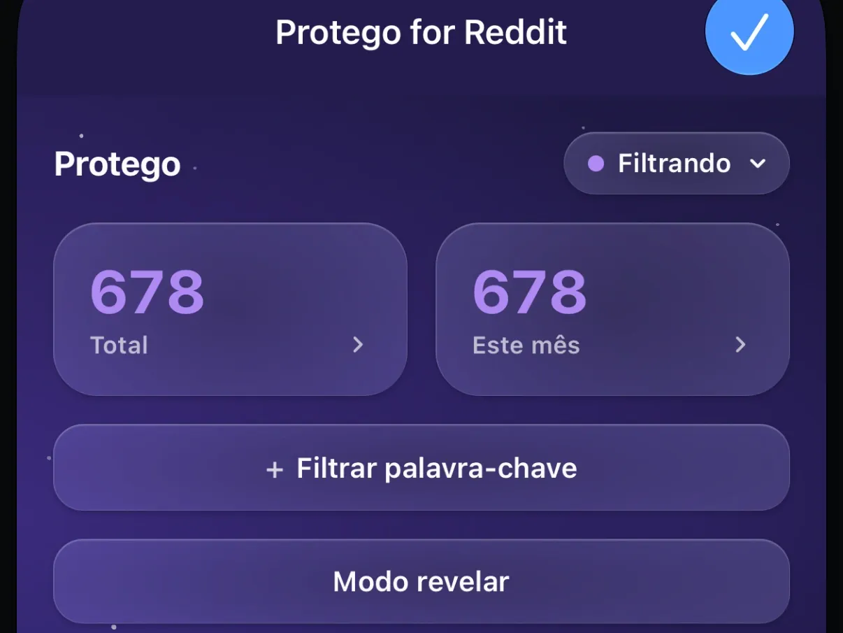 A extensão Protego no Safari com as contagens de posts e um botão Modo revelar.