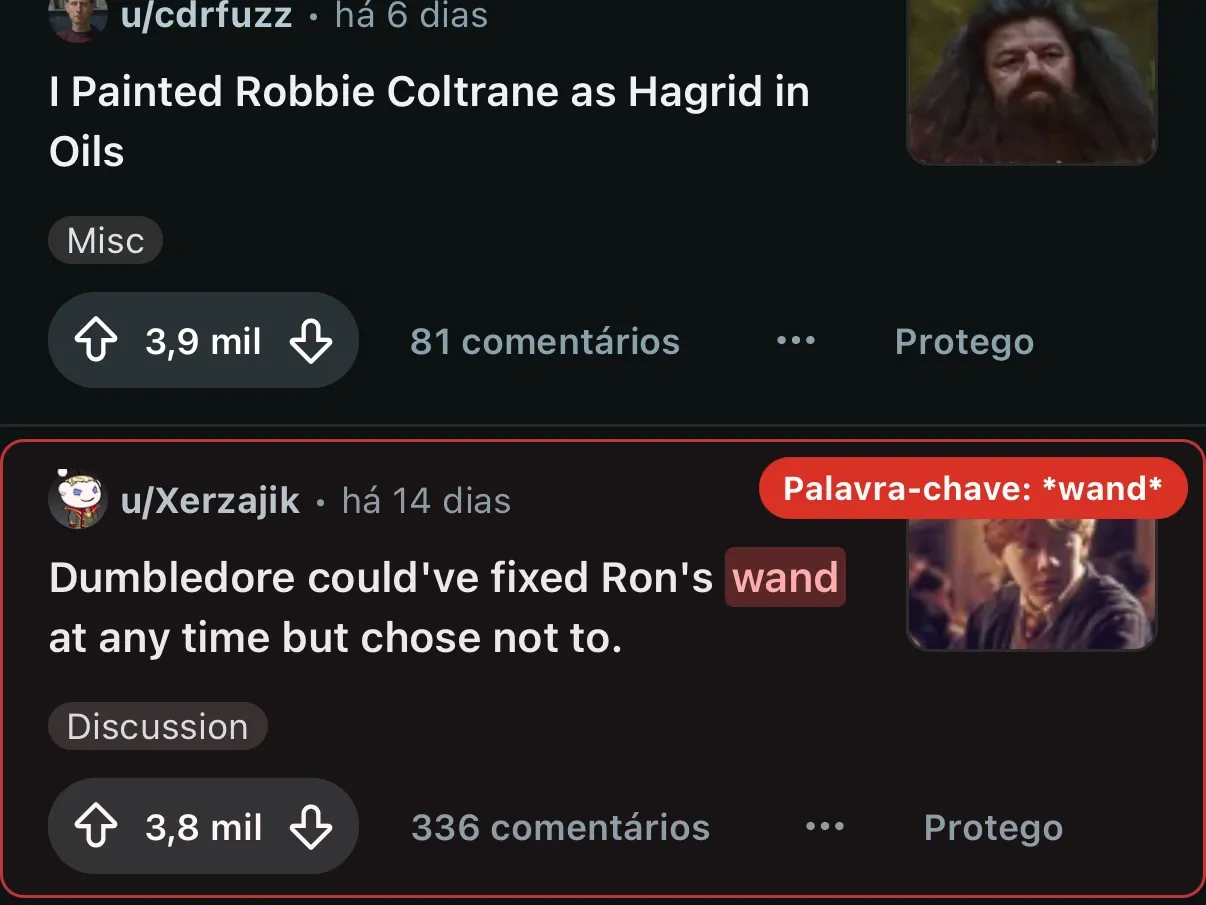 Um post do Reddit mostrado pelo Modo revelar, contornado em vermelho, com um selo que indica a palavra-chave que o pegou.