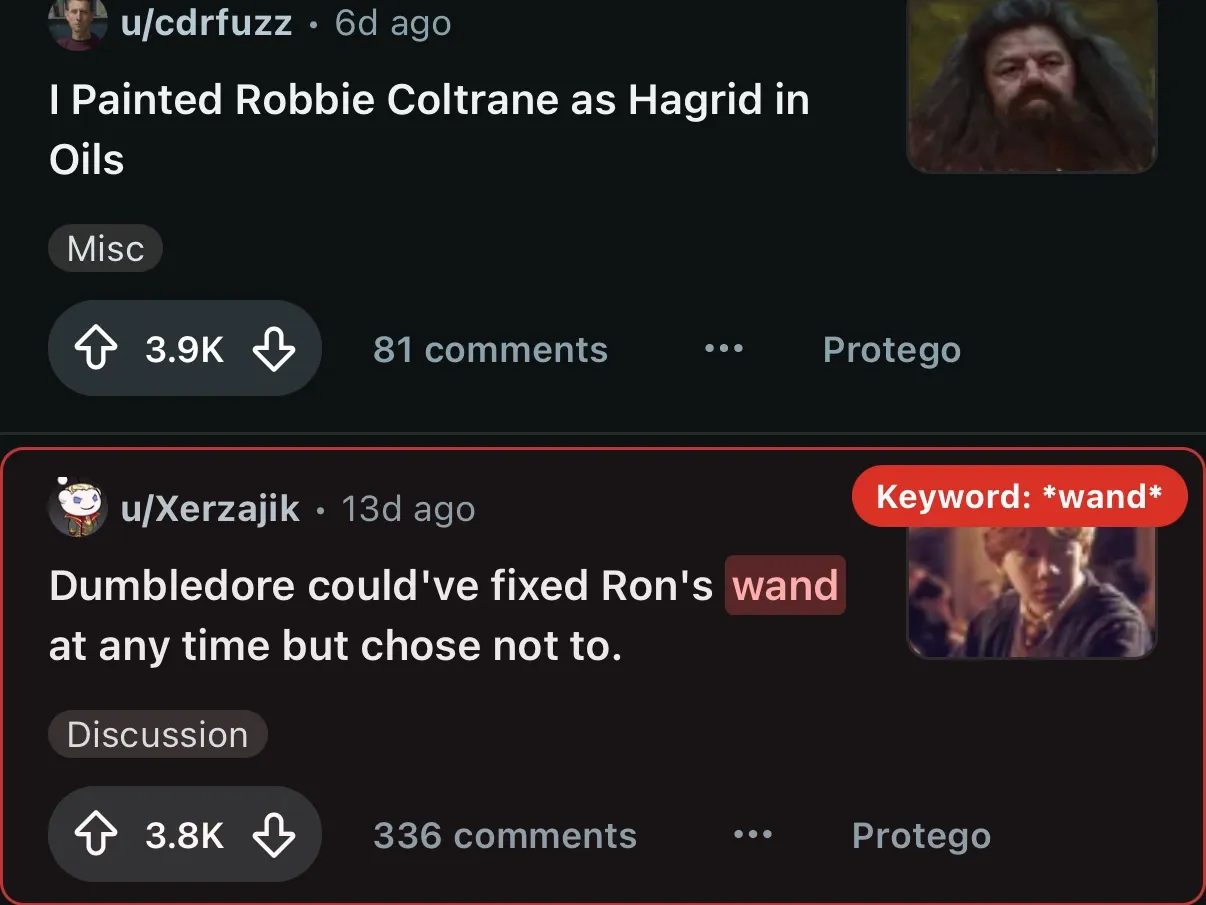 A Reddit post shown by Reveal Mode, outlined in red, with a badge naming the keyword that caught it.