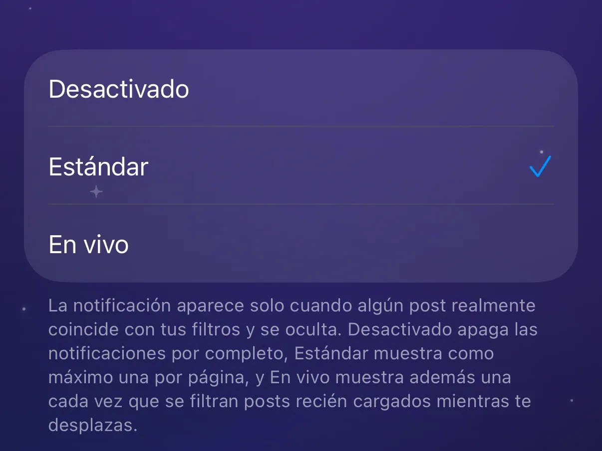 Las opciones de Notificaciones de filtrado de Protego, con Estándar seleccionado.