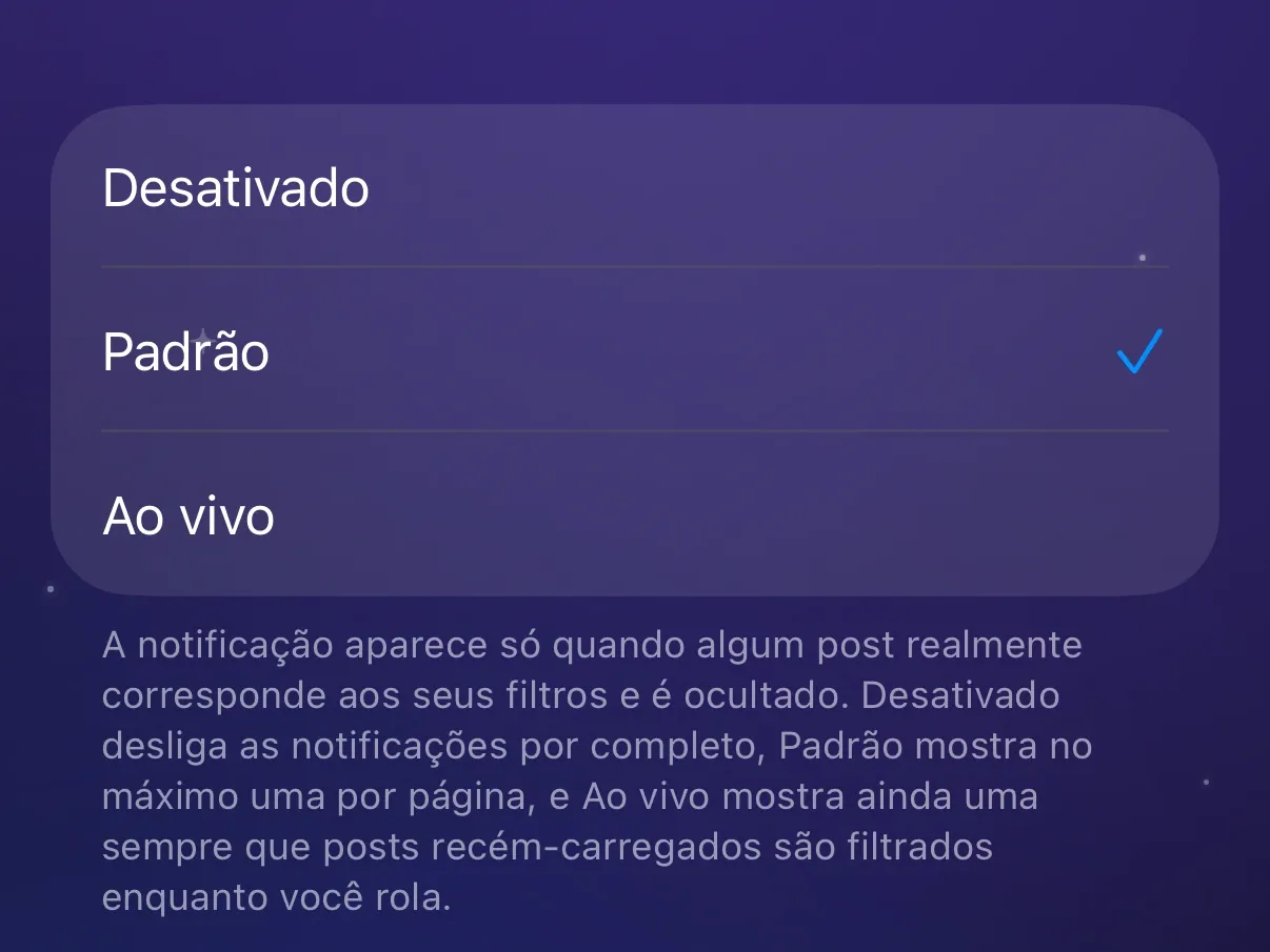 As opções de Notificações de filtragem do Protego, com Padrão selecionado.