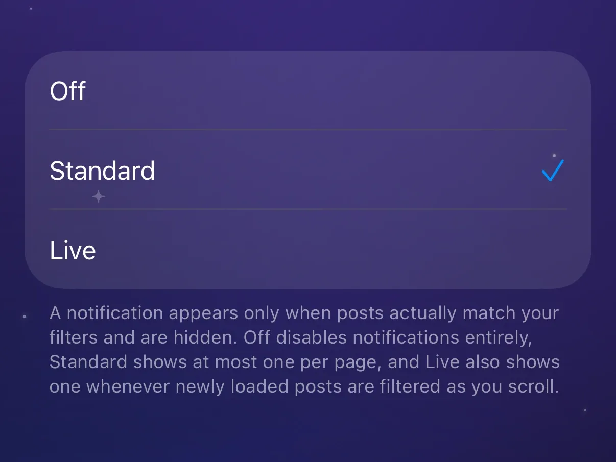 Protego’s Filter Notifications options, with Standard selected.
