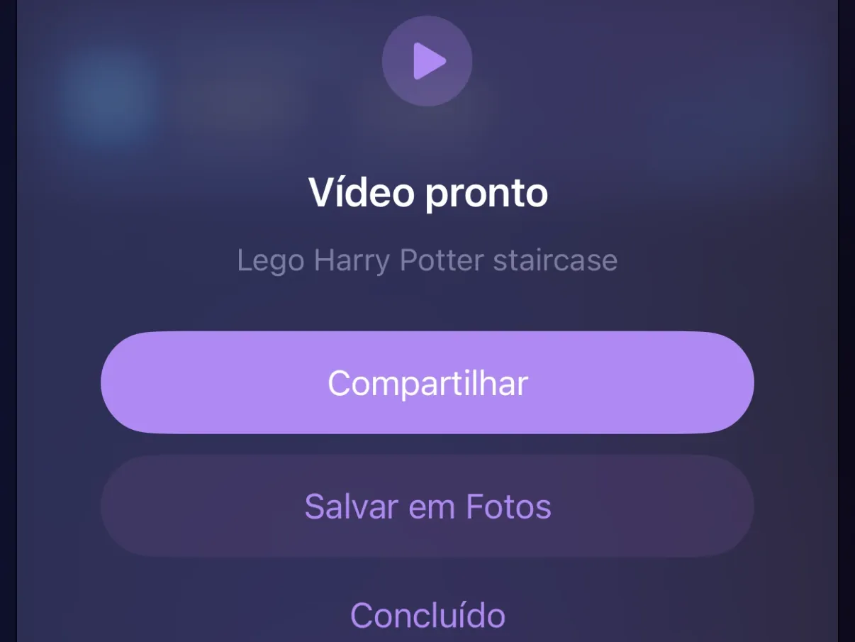 A tela Vídeo pronto do Protego com Compartilhar, Salvar em Fotos e Concluído.