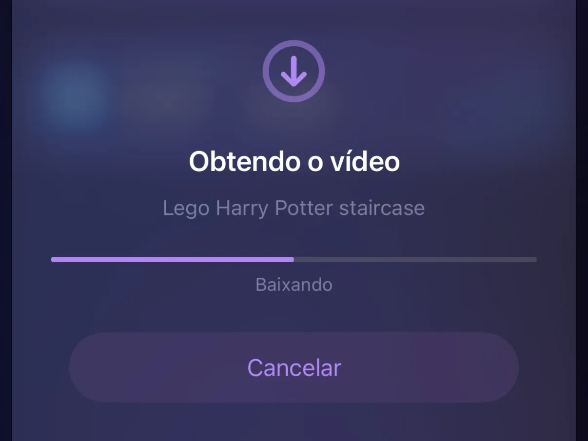 A tela Obtendo o vídeo no Protego, com uma barra de progresso do download e um botão Cancelar.