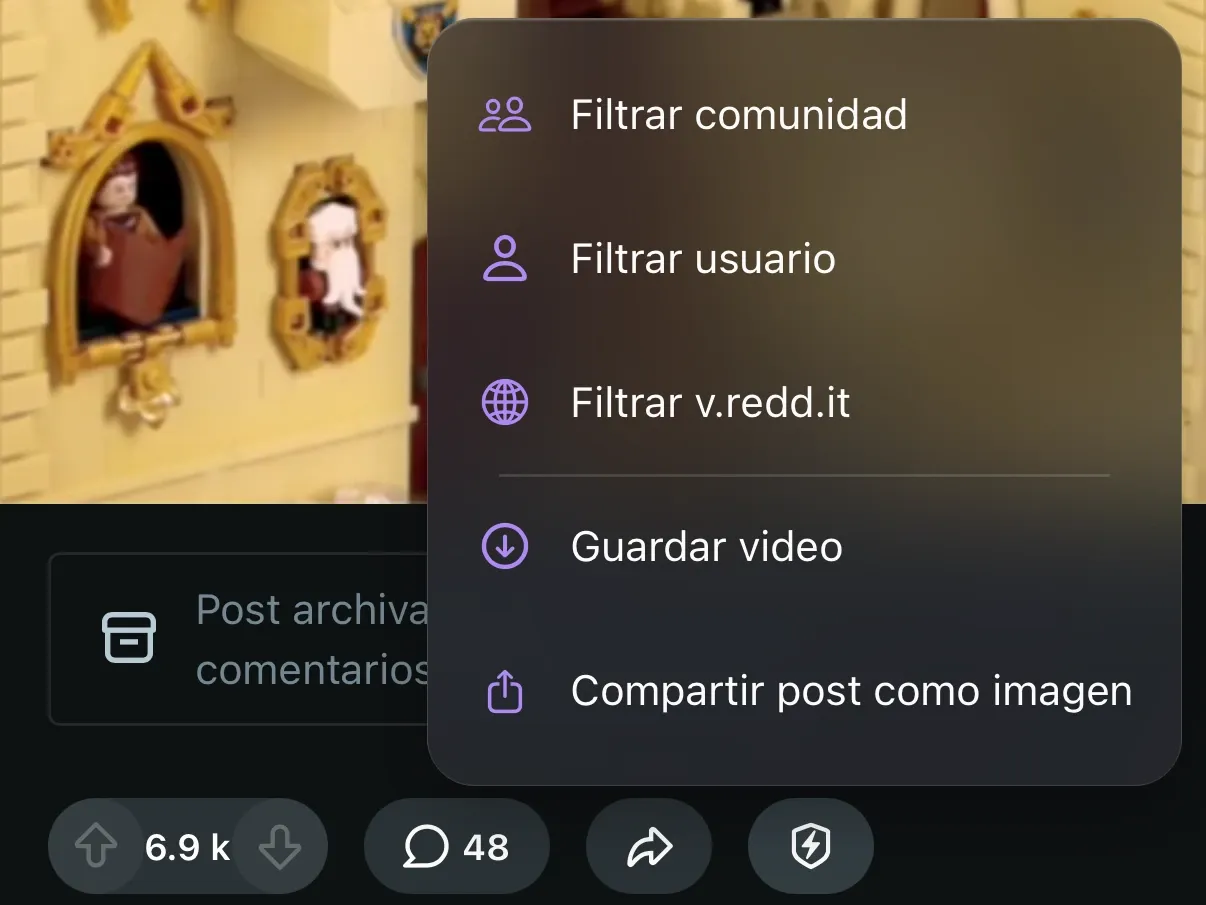 El menú de Protego abierto en un post de video de Reddit, con Guardar video debajo de las opciones de filtro.