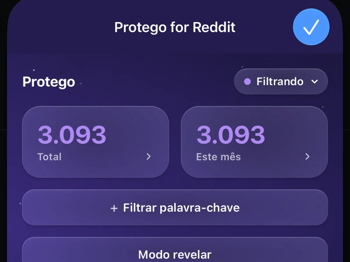 A extensão Protego no Safari com 3.093 posts em Total e em Este mês, acima de Filtrar palavra-chave e Modo revelar.
