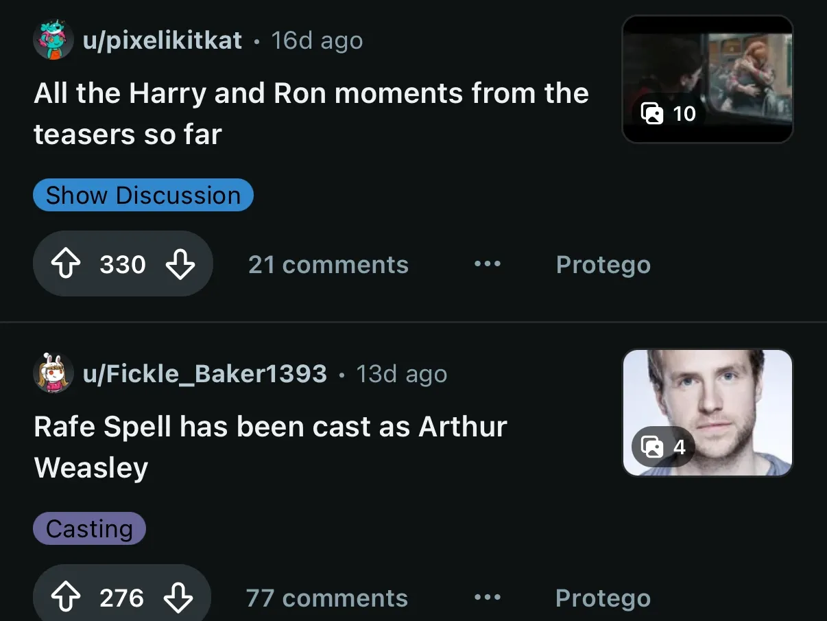 Dos posts de Reddit en un feed, cada uno con una miniatura.