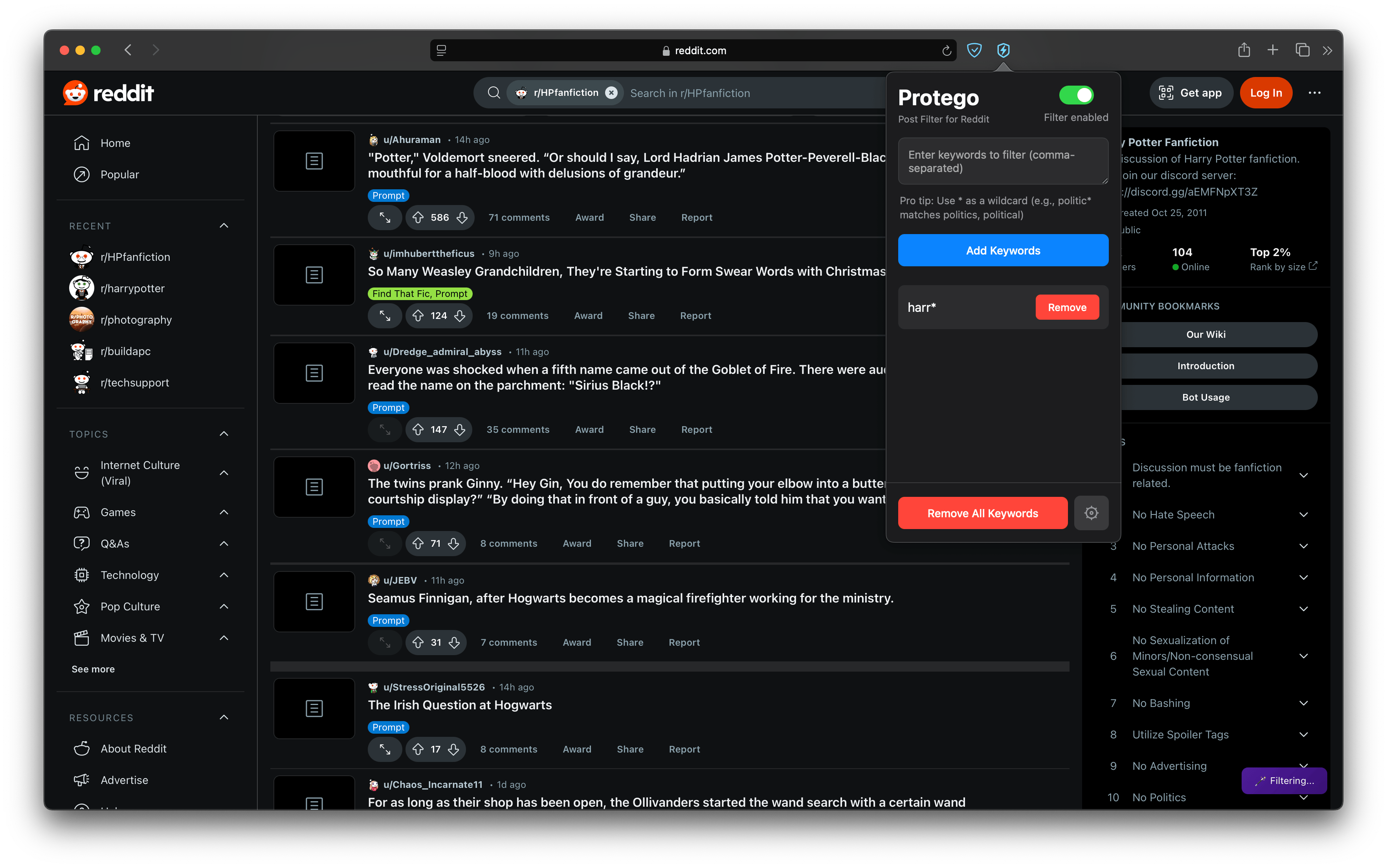 Protego Safari extension filtering unwanted posts from Reddit