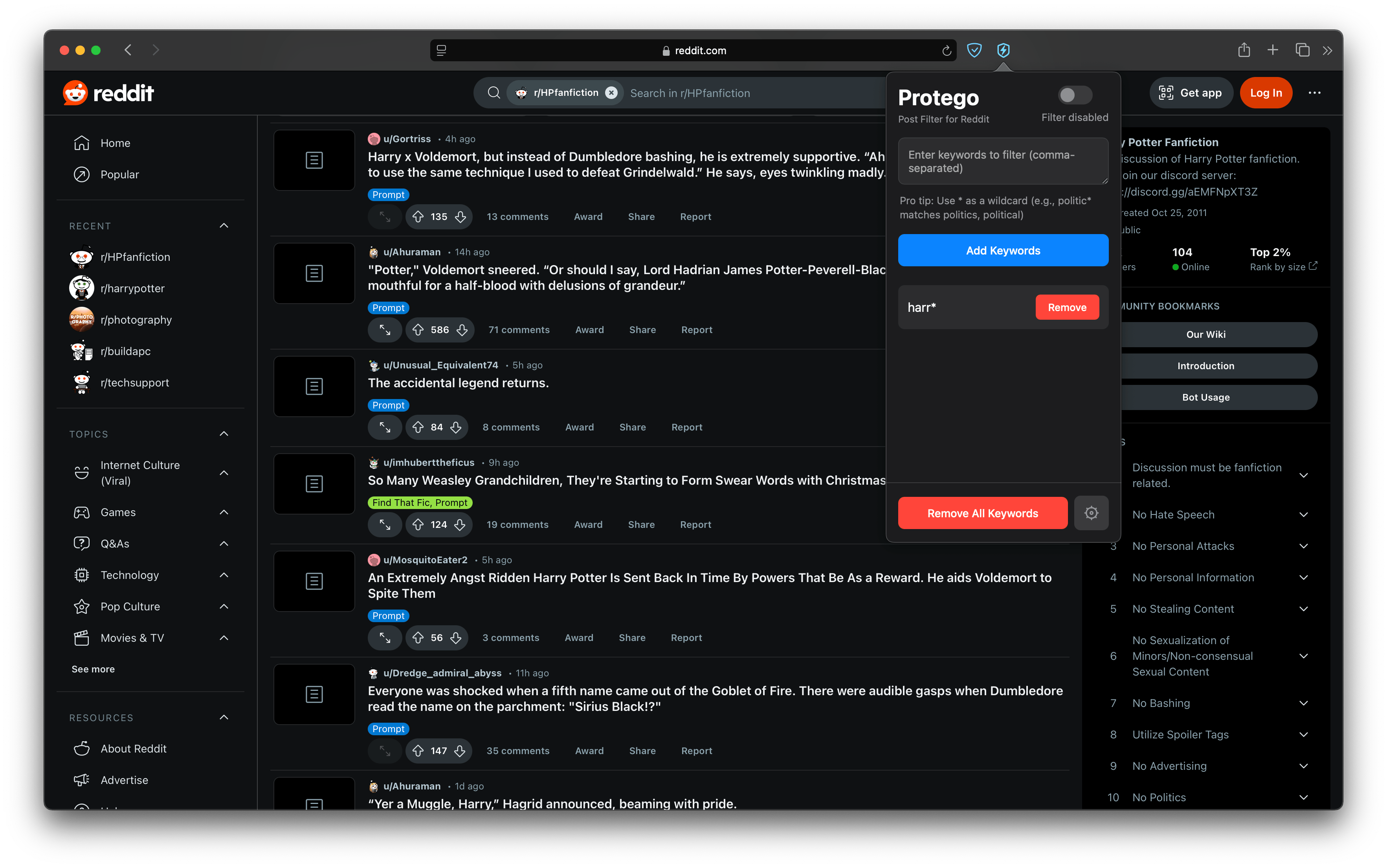 Protego Safari extension filtering unwanted posts from Reddit